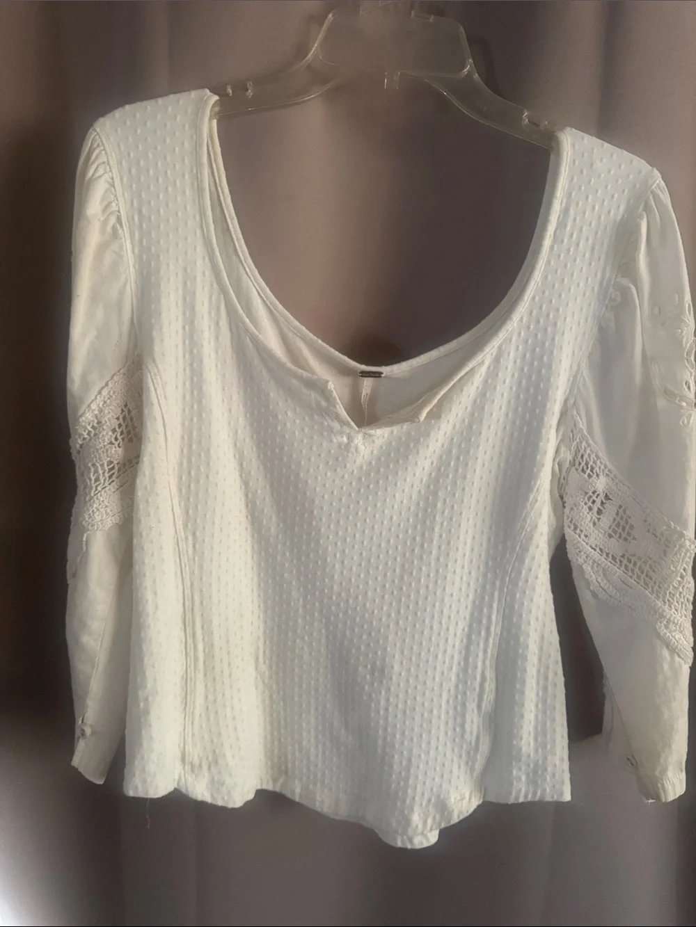 Free People Cream Scoop Neck Lace-Panel Long Sleeve Top